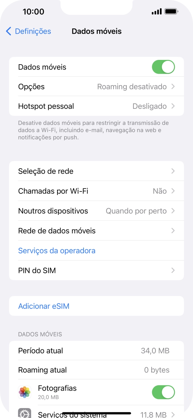 O consumo total de dados é mostrado junto a Período atual.