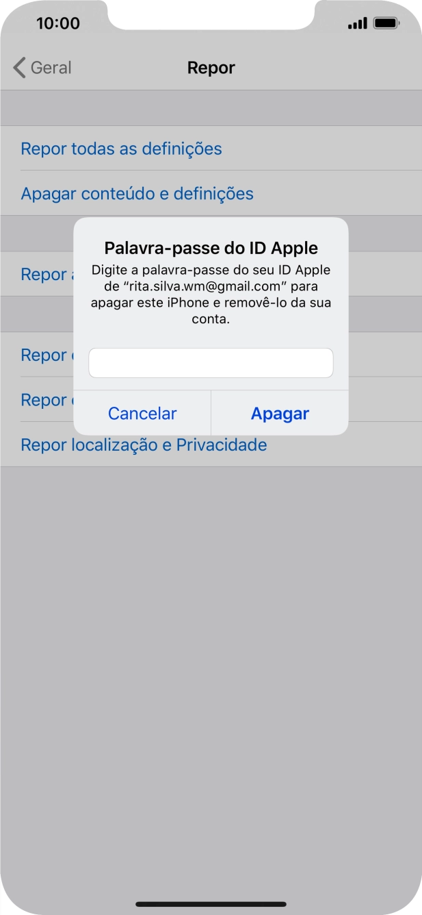Introduza a password do ID Apple e prima Apagar. Aguarde um momento enquanto o telefone restabelece as definições originais. Siga as indicações no ecrã para configurar o telefone de modo que este fique pronto a ser utilizado.