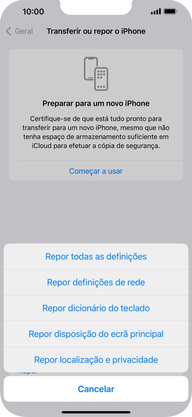 Prima Repor definições de rede.