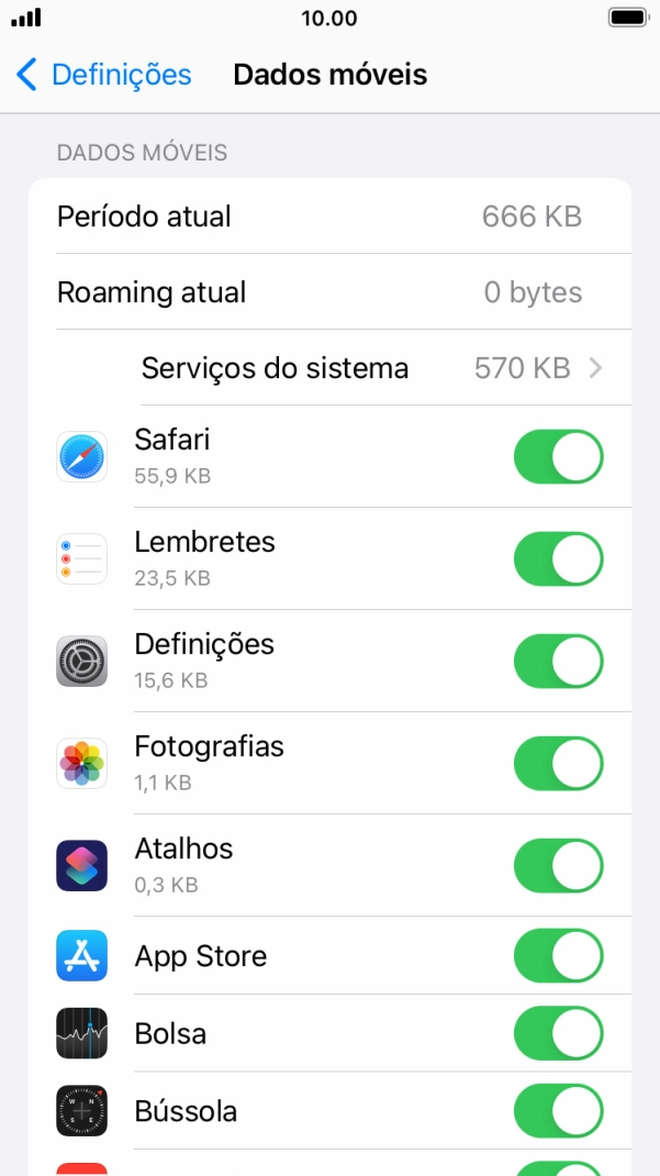 Prima o indicador junto das aplicações pretendidas para ativar ou desativar a função.