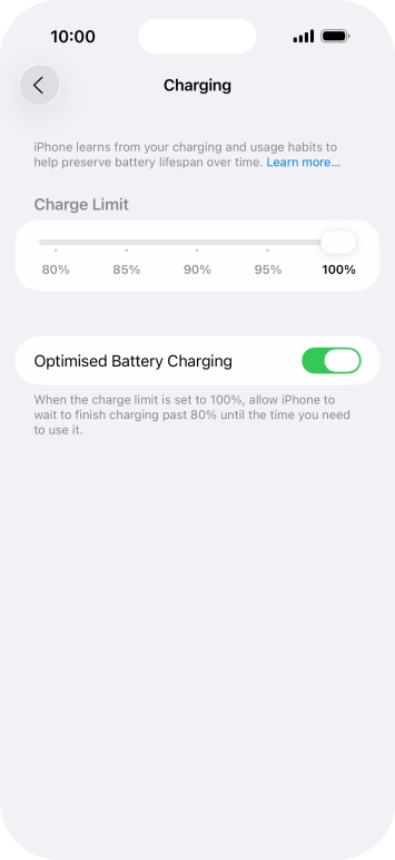 Press the indicator next to 'Optimised Battery Charging' to turn the function on or off.