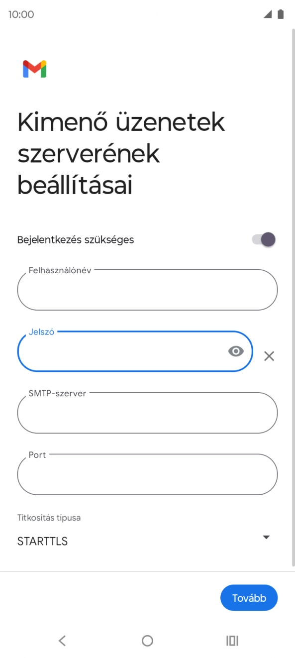 Kattints az „SMTP-szerver” alatti mezőre, és írd be az e-mail szolgáltatód kimenő szerverének a nevét.