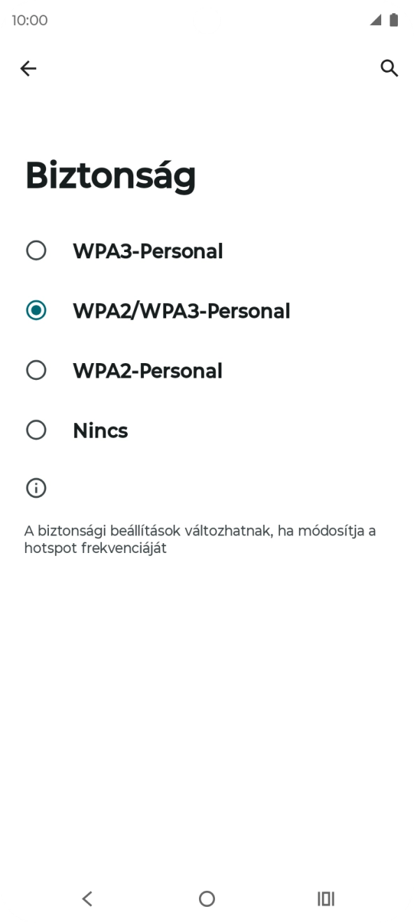 Válaszd a WPA3-Personal lehetőséget, ha jelszóval szeretnéd védeni a Wi-Fi hotspotodat.