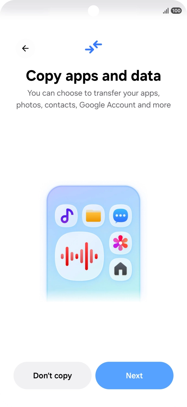 You can transfer the contents of another phone to your phone when it's activated for the first time and after a factory reset. When this screen is displayed, your phone is ready to transfer content from another phone.