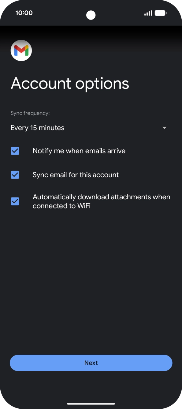 If this screen is displayed, your email account has been recognised and set up automatically. Follow the instructions on the screen to key in more information and finish setting up your phone.