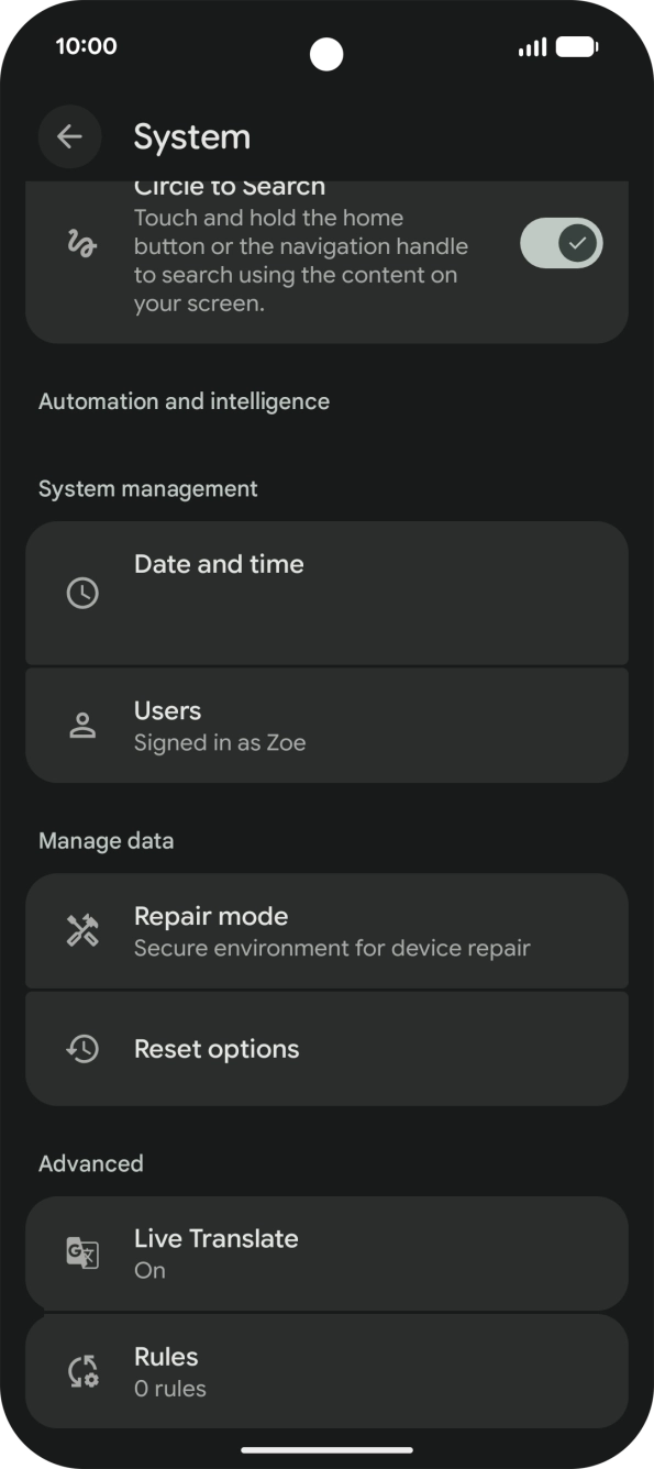 Press Reset options.