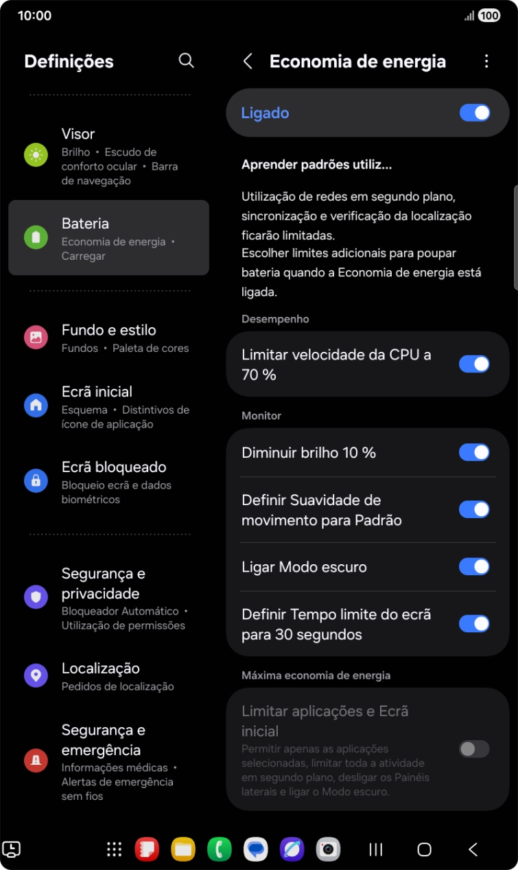 Prima o indicador junto às definições pretendidas para ativar ou desativar as funções.