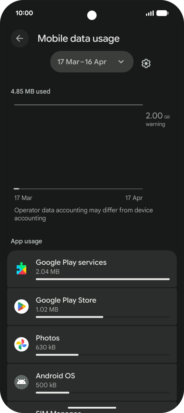 The data usage for each application is displayed below the name of the application.
