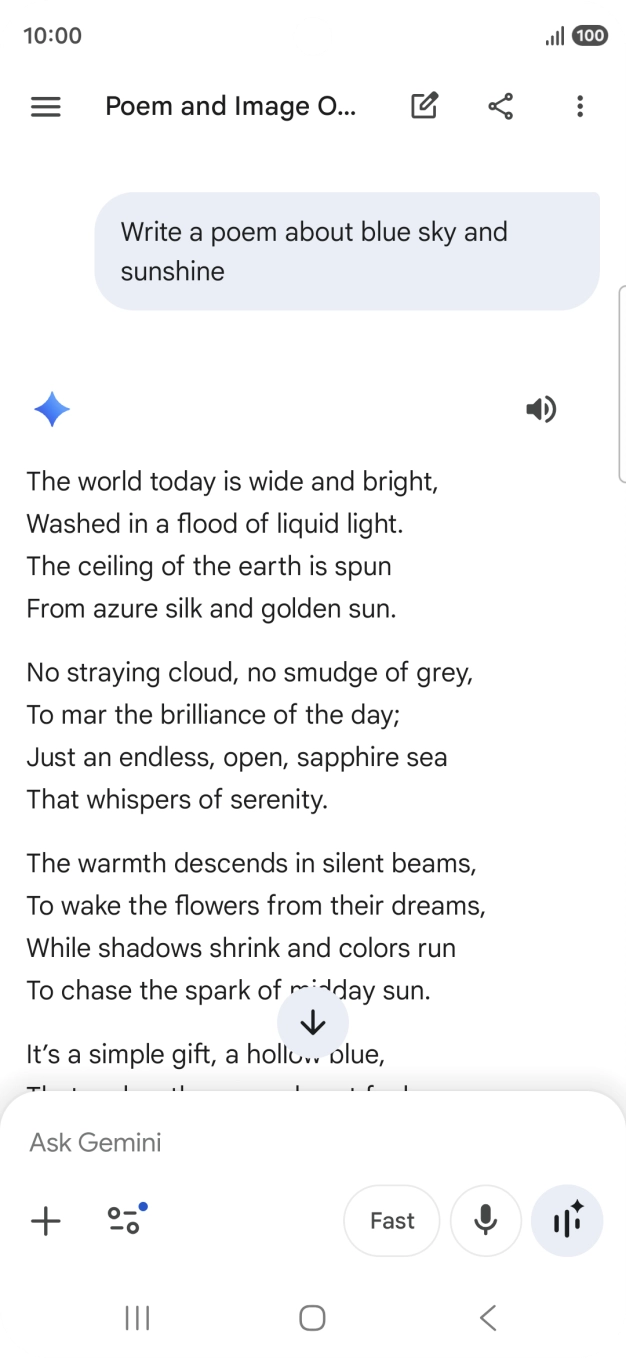 You can ask Gemini to generate a text based on your description. You can ask Gemini to generate a text based on your description.
