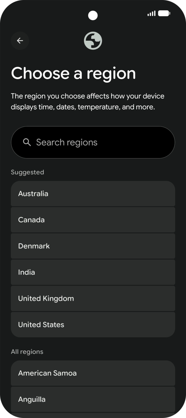 Press the required country or area. Press the required country or area.