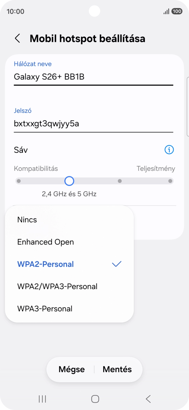 Válaszd a WPA3-Personal lehetőséget, ha jelszóval szeretnéd védeni a Wi-Fi hotspotodat.