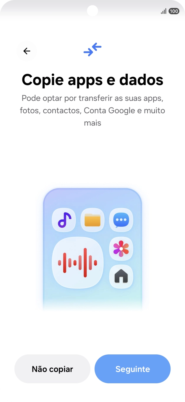 É possível transferir conteúdo de outro telefone quando o telefone for ativado antes da primeira utilização e quando o telefone tiver sido reiniciado. Quando esta imagem for mostrada no ecrã, o telefone está pronto para transferir conteúdo de outro telefone.