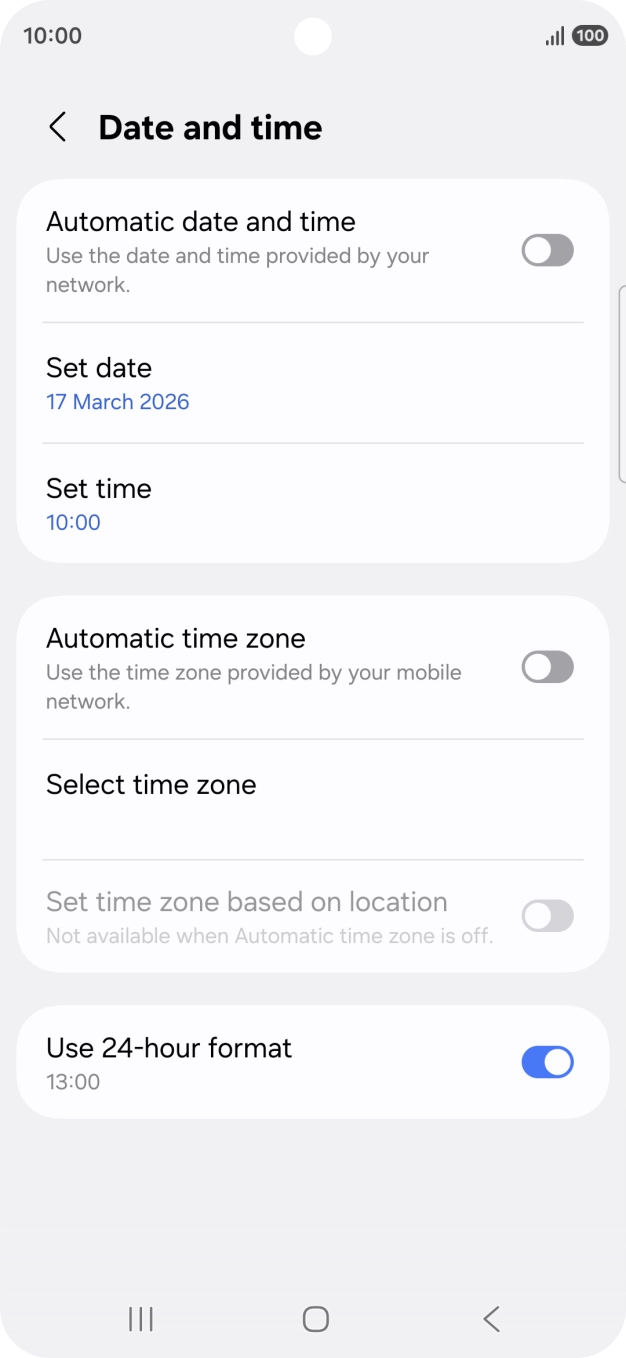 Press the indicator next to 'Automatic date and time' to turn on the function.