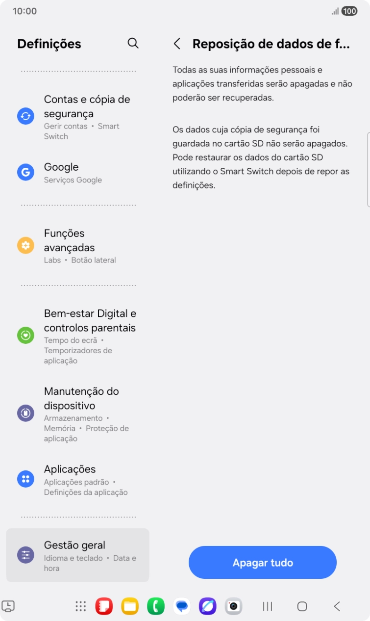 Prima Apagar tudo. Aguarde um momento enquanto o tablet restabelece as definições originais. Siga as indicações no ecrã para configurar o tablet de modo que este fique pronto a ser utilizado.