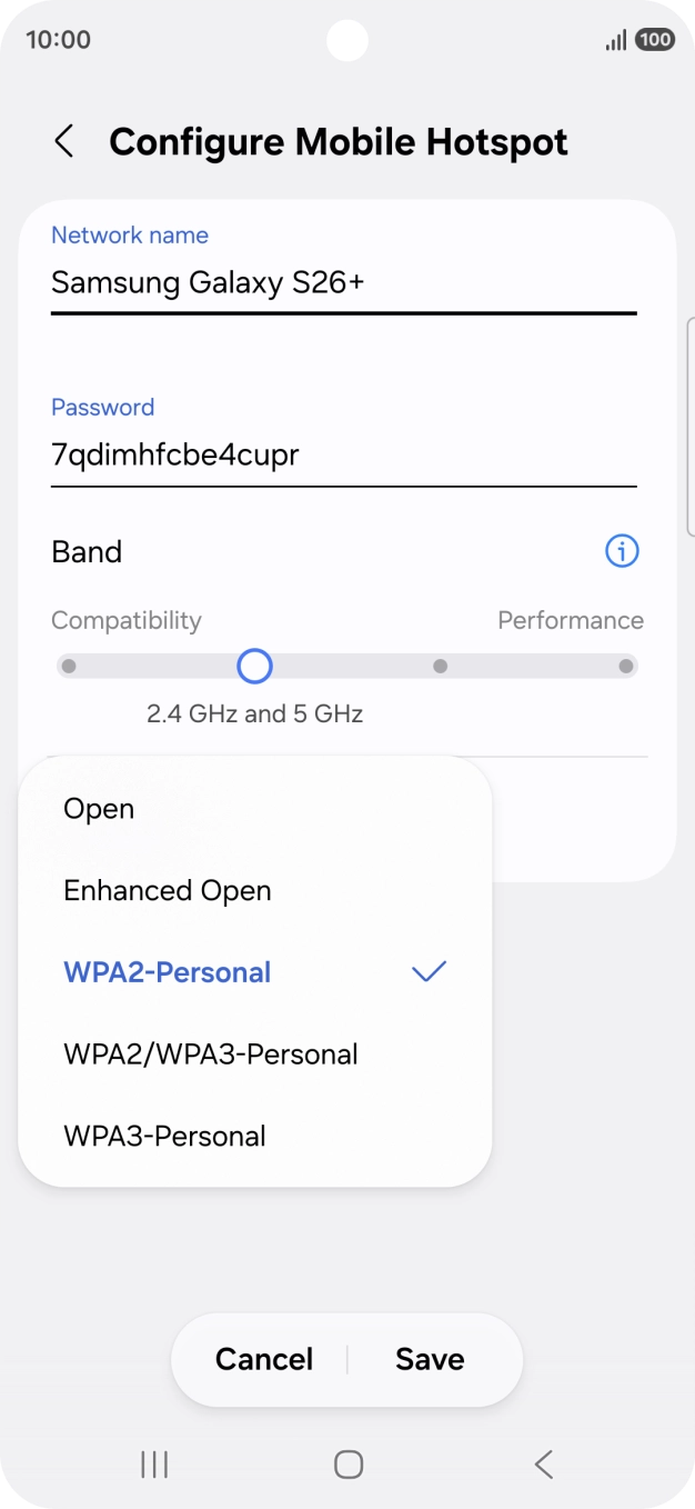Press WPA3-Personal to password protect your WiFi hotspot. Press WPA3-Personal to password protect your WiFi hotspot.