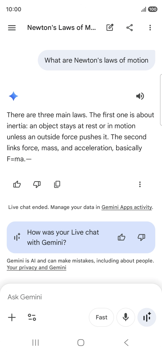 Transcription of the conversation with Gemini Live is now displayed. Transcription of the conversation with Gemini Live is now displayed.