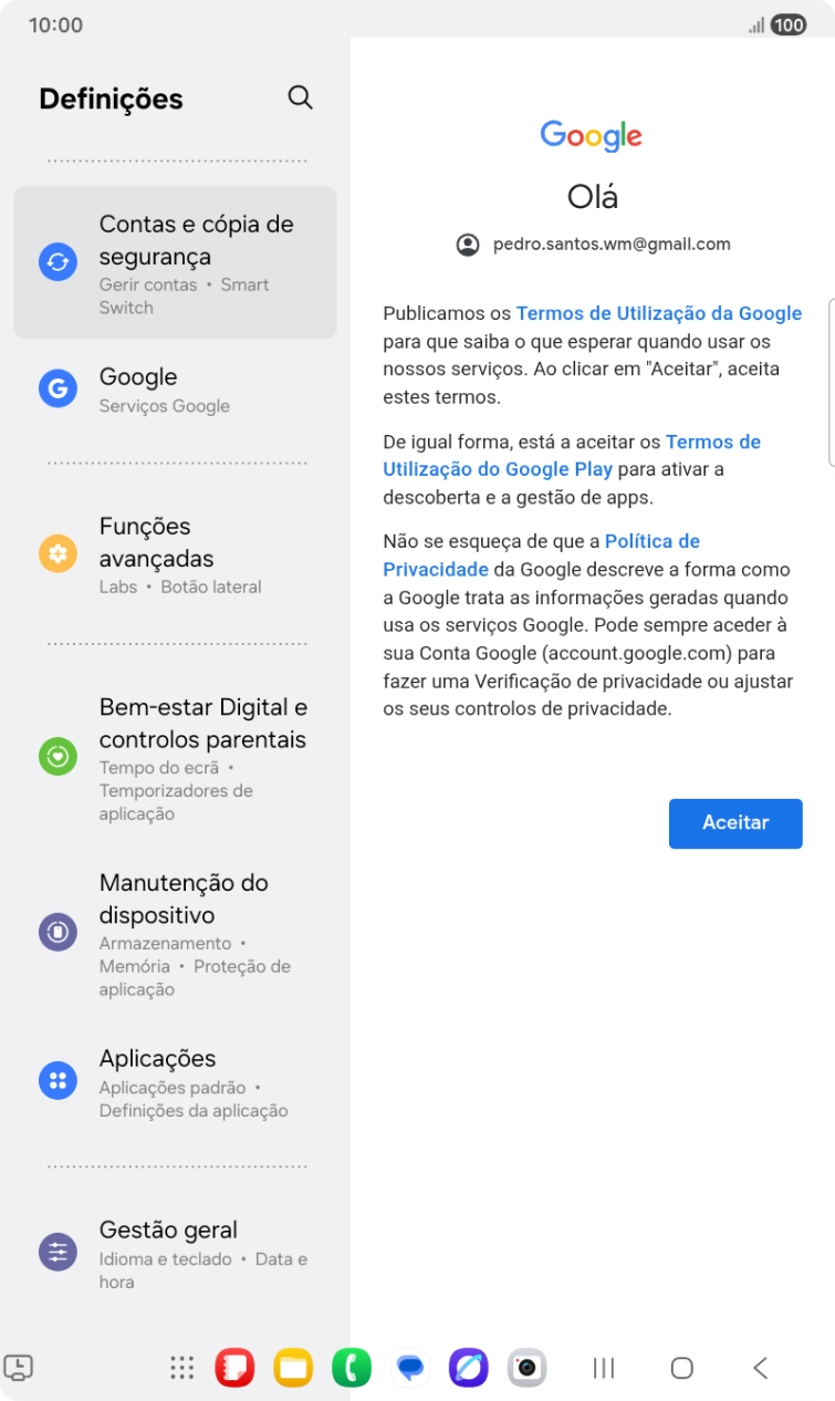 Prima Aceitar e siga as indicações no ecrã para escolher as definições da conta Google.