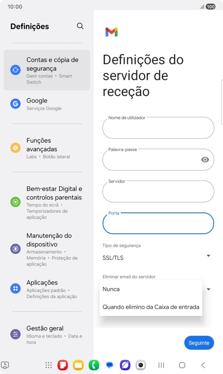 Prima Nunca para manter os e-mails no servidor quando estes são apagados no tablet.