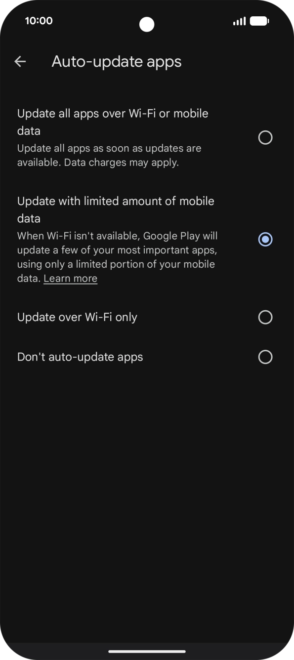 To turn on automatic update of apps using mobile network, press Update all apps over Wi-Fi or mobile data.