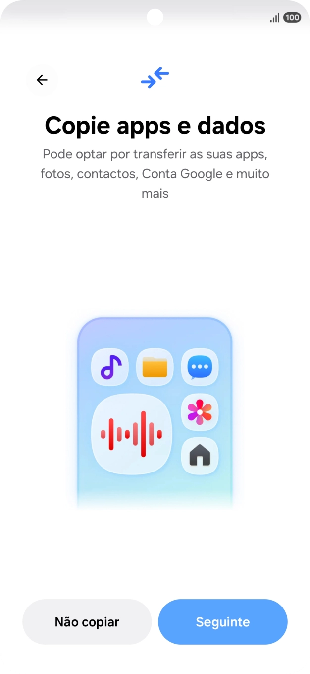 É possível transferir conteúdo de outro telefone quando o telefone for ativado antes da primeira utilização e quando o telefone tiver sido reiniciado. Quando esta imagem for mostrada no ecrã, o telefone está pronto para transferir conteúdo de outro telefone.