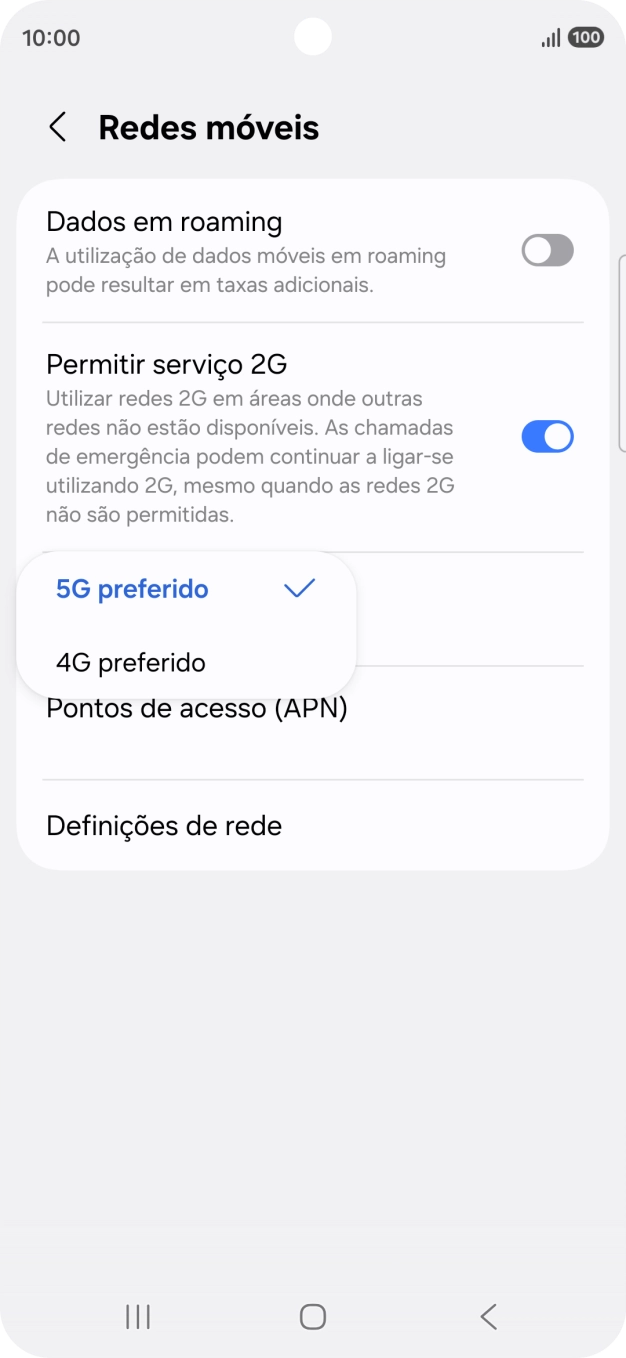 Prima o tipo de rede pretendido.