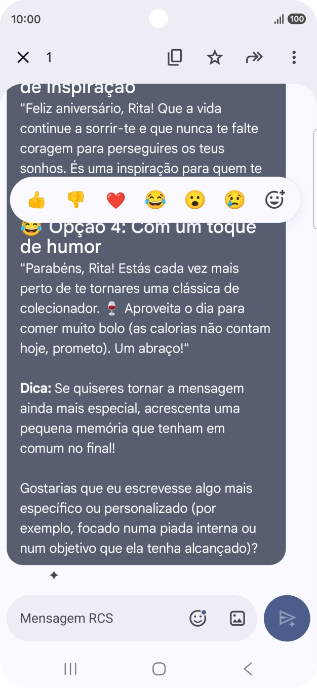 Mantenha premida por um momento a sugestão de texto da Gemini. Siga as indicações no ecrã  para utilizar a sugestão de texto.