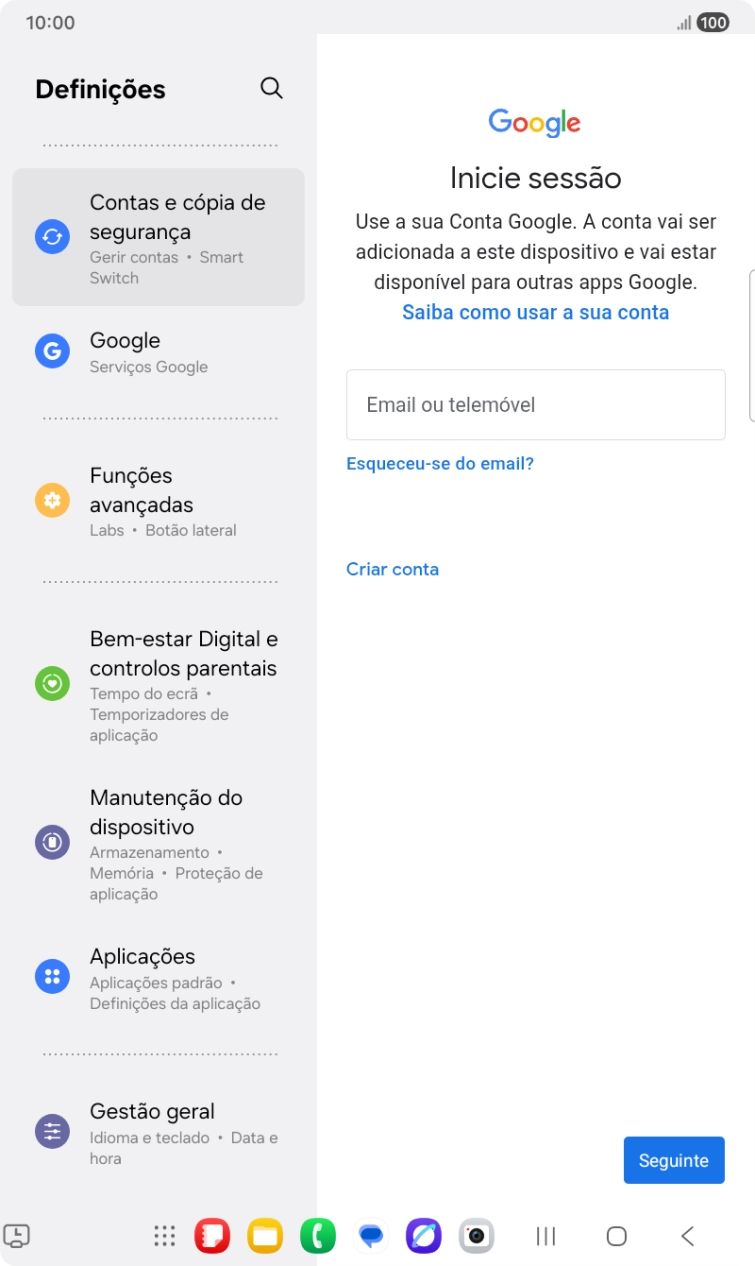 Se não tiver uma conta Google, prima Criar conta e siga as indicações no ecrã para criar uma conta.