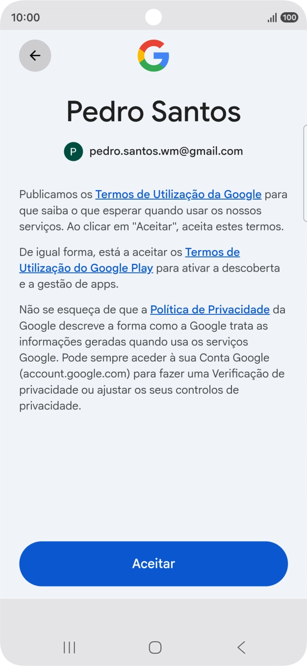 Prima Aceitar e siga as indicações no ecrã para escolher as definições da conta Google.