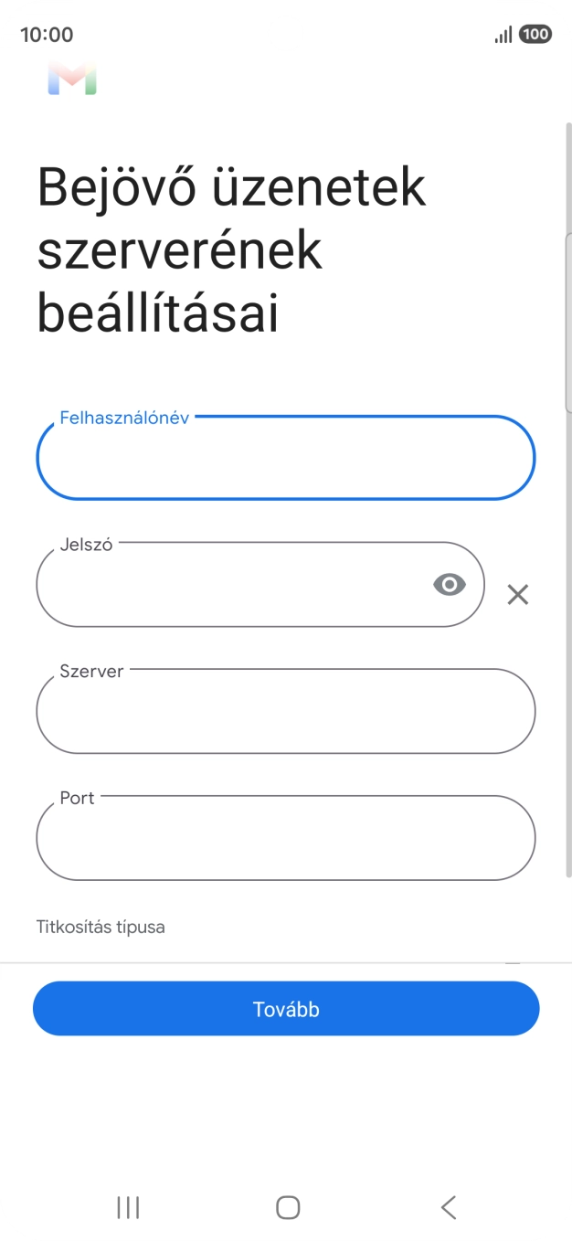 Kattints a „Szerver” alatti mezőre, és írd be az e-mail szolgáltatód bejövő szerverének a nevét.