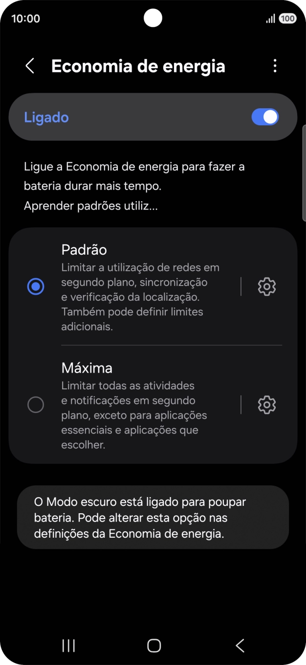 Prima o modo de poupança de energia pretendido.