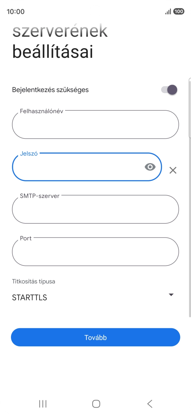 Kattints az „SMTP-szerver” alatti mezőre, és írd be az e-mail szolgáltatód kimenő szerverének a nevét.