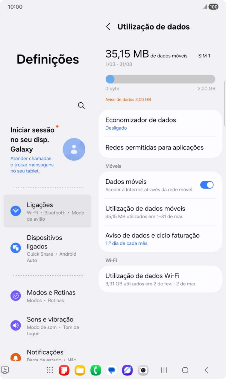 O consumo total de dados é agora mostrado no ecrã.
