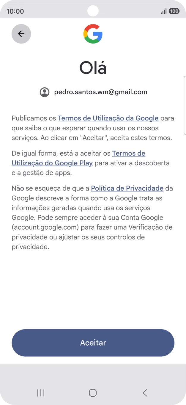 Prima Aceitar e siga as indicações no ecrã para escolher as definições da conta Google.