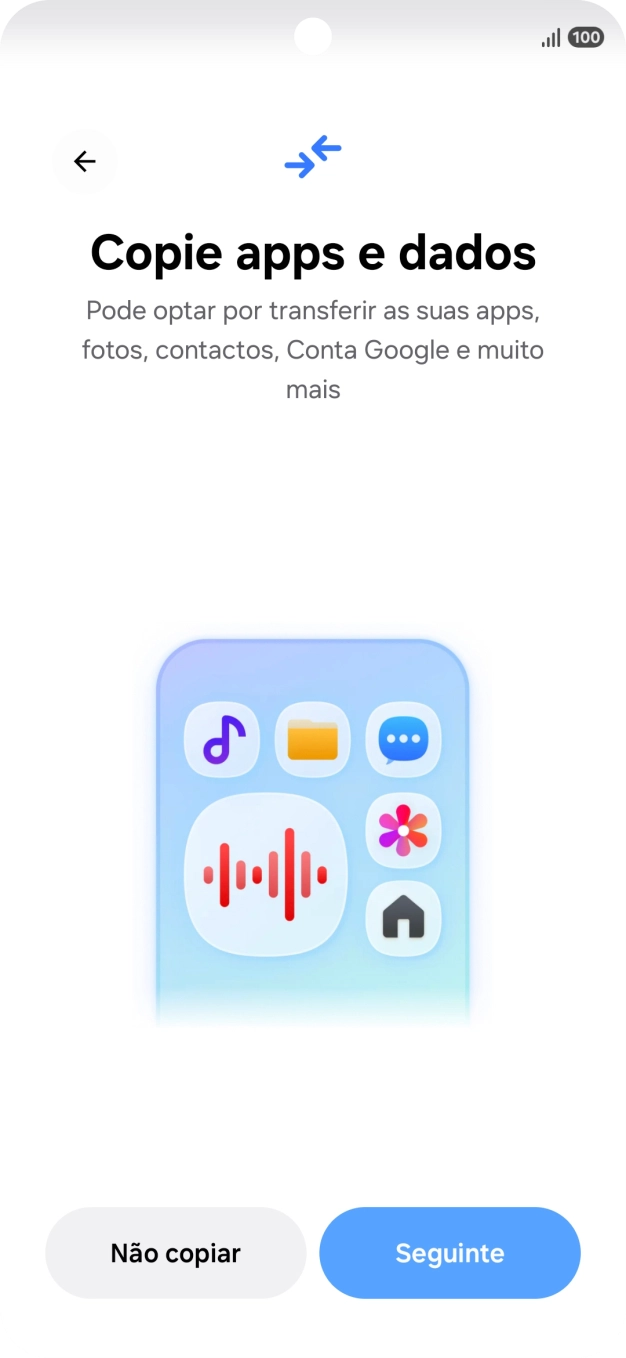 É possível transferir conteúdo de outro telefone quando o telefone for ativado antes da primeira utilização e quando o telefone tiver sido reiniciado. Quando esta imagem for mostrada no ecrã, o telefone está pronto para transferir conteúdo de outro telefone.