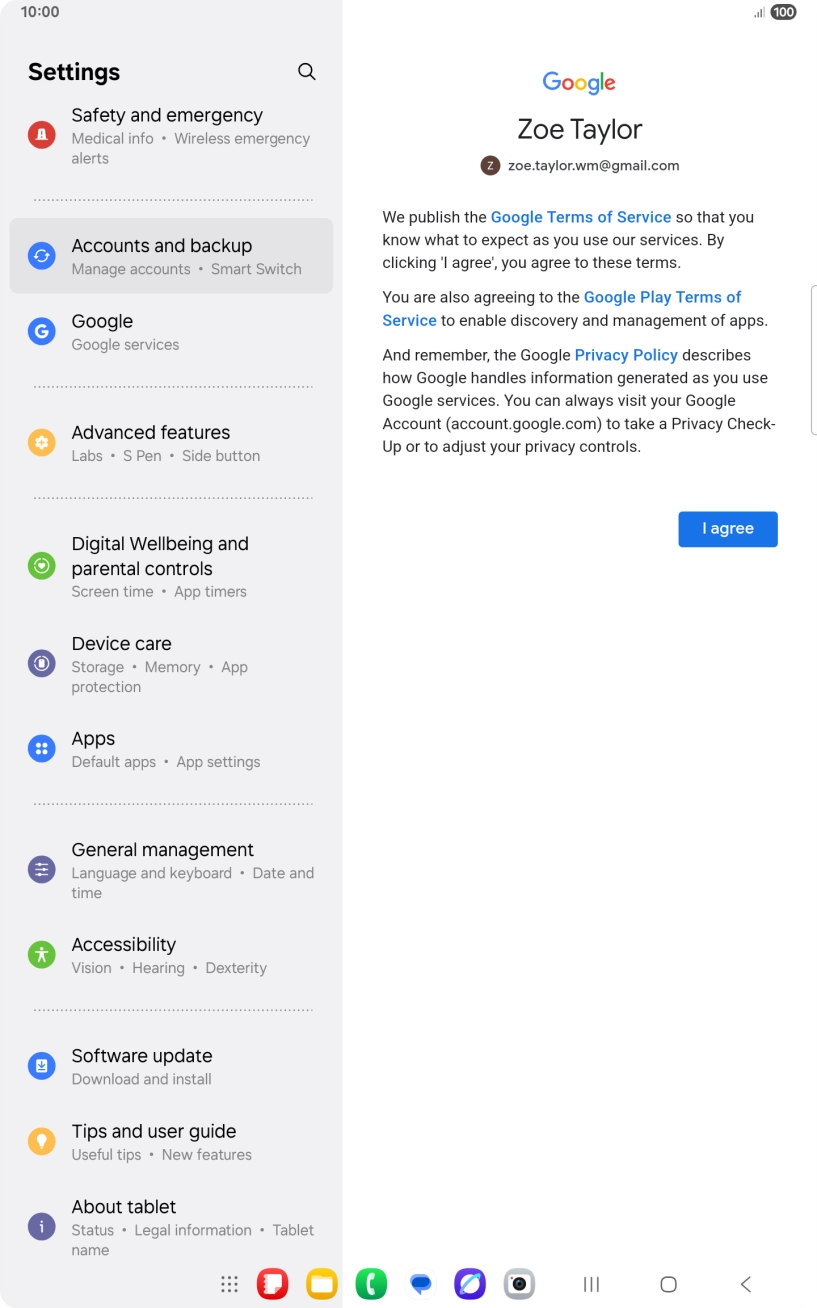 Press I agree and follow the instructions on the screen to select settings for your Google account. Press I agree and follow the instructions on the screen to select settings for your Google account.