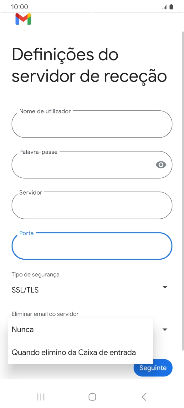Prima Nunca para manter os e-mails no servidor quando estes são apagados no telefone.