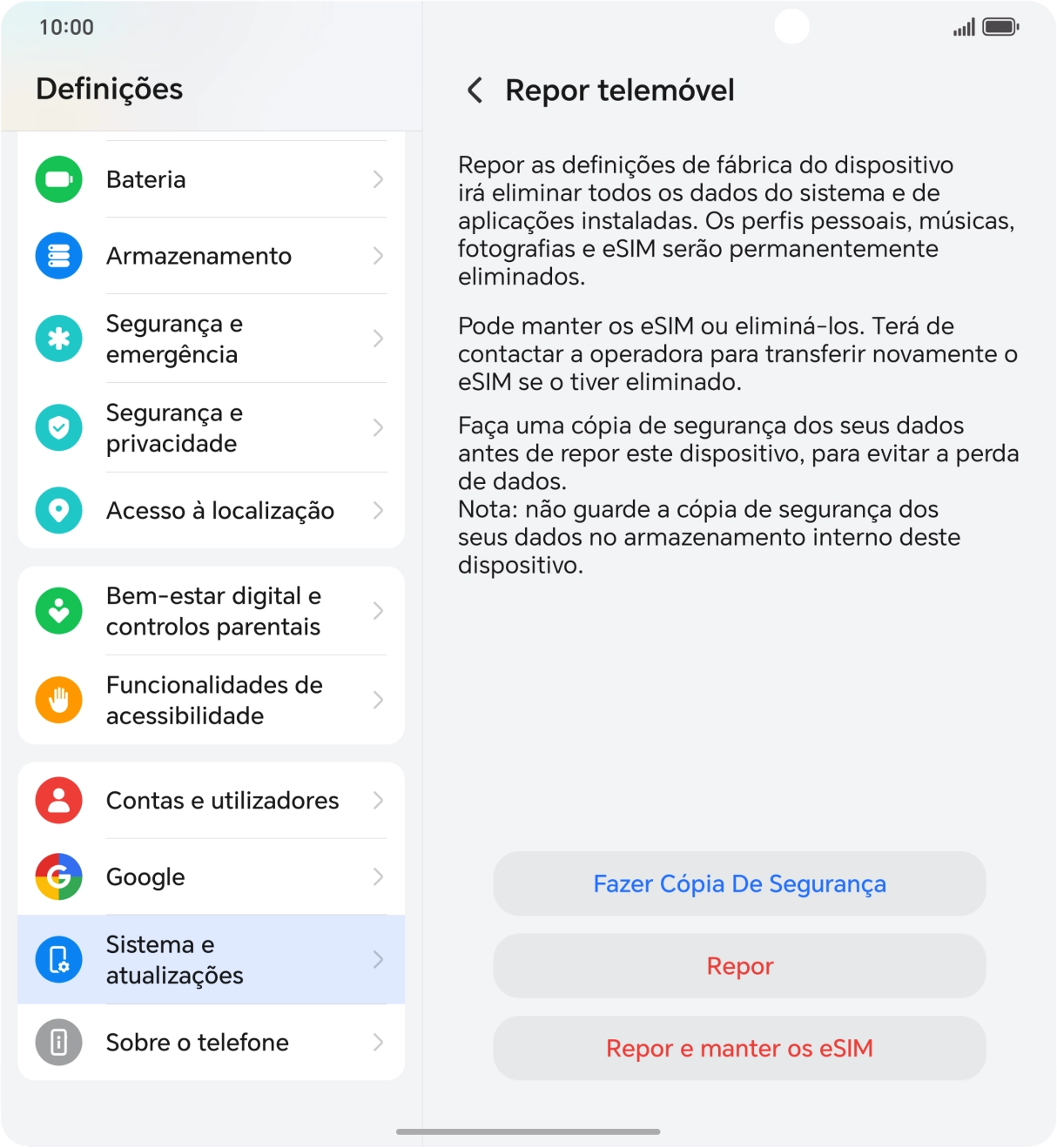 Prima Repor. Aguarde um momento enquanto o telefone restabelece as definições originais. Siga as indicações no ecrã para configurar o telefone de modo que este fique pronto a ser utilizado.