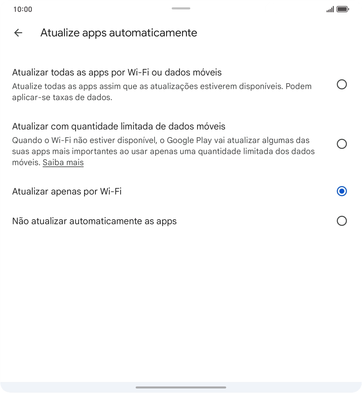 Para ativar a atualização automática de apps via redes móveis, prima Atualizar todas as apps por Wi-Fi ou dados móveis.