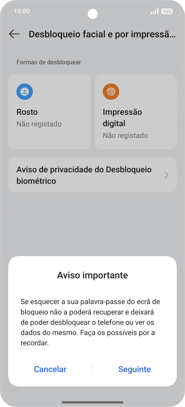 Prima Seguinte e siga as indicações no ecrã para estabelecer um código de bloqueio adicional.