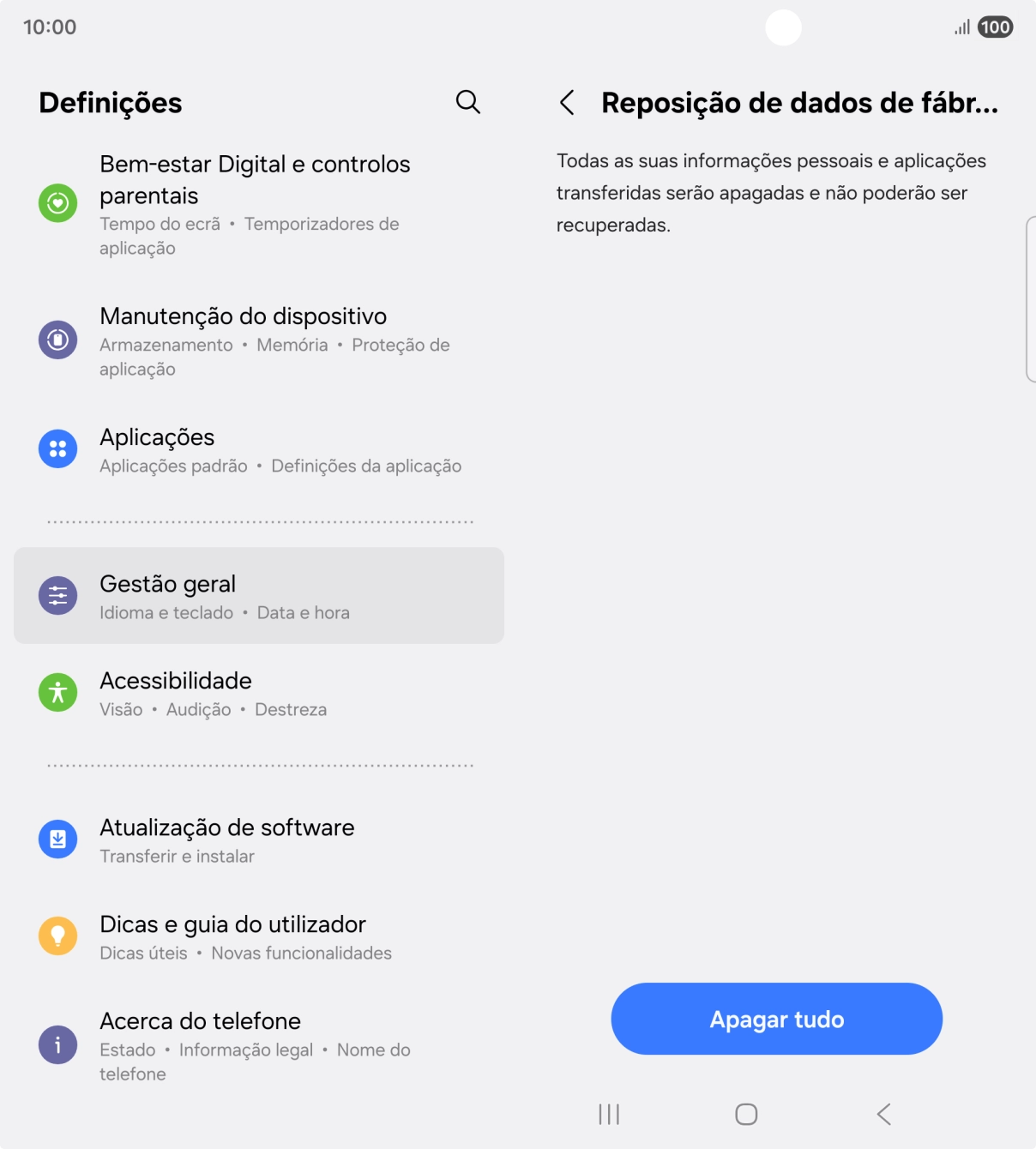 Prima Apagar tudo. Aguarde um momento enquanto o telefone restabelece as definições originais. Siga as indicações no ecrã para configurar o telefone de modo que este fique pronto a ser utilizado.