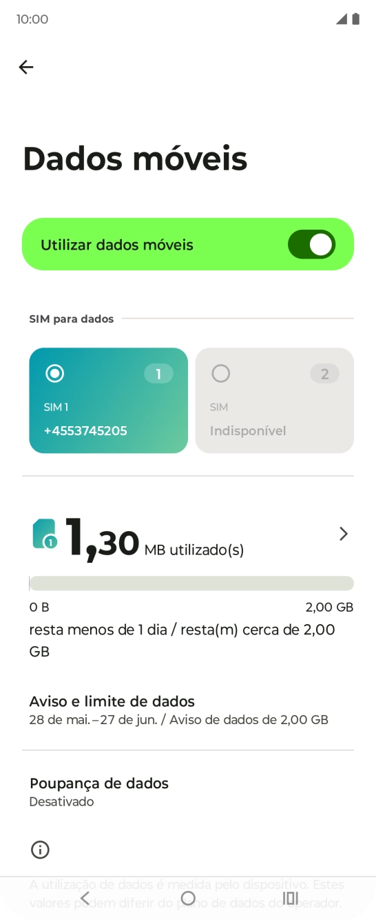 O consumo total de dados é agora mostrado no ecrã.