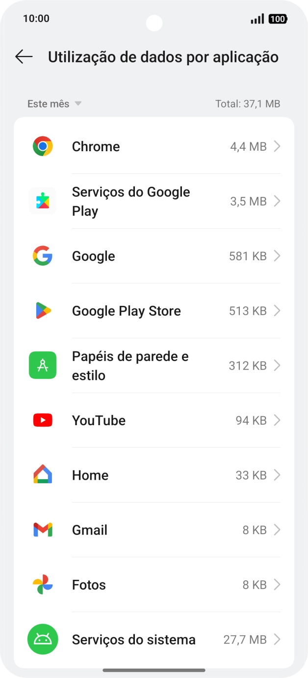 O consumo de dados de cada aplicação é mostrado sob o nome da aplicação.