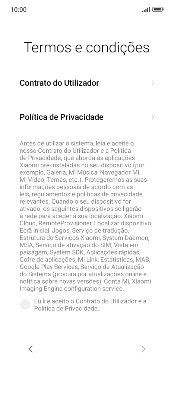 Prima o campo para aceitar os termos e condições.