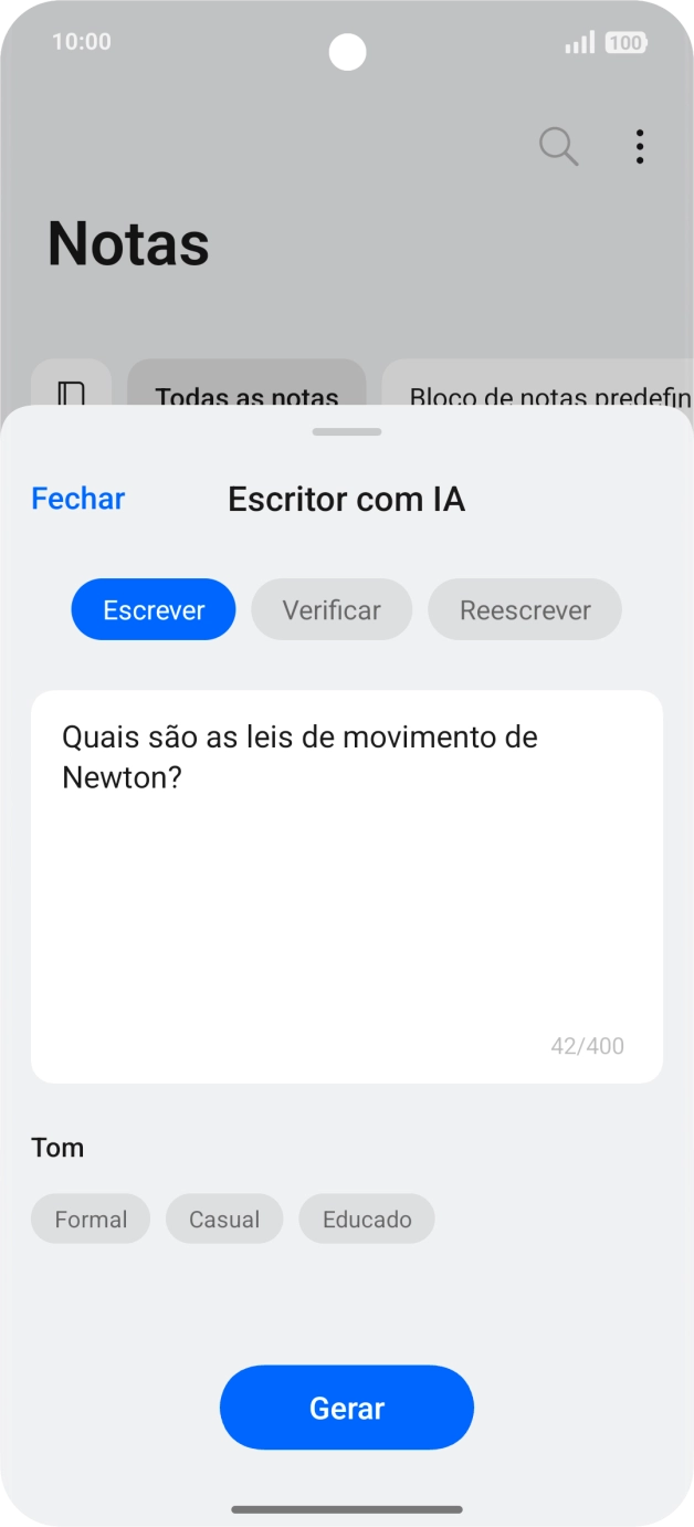 Para gerar um texto, prima Escrever.