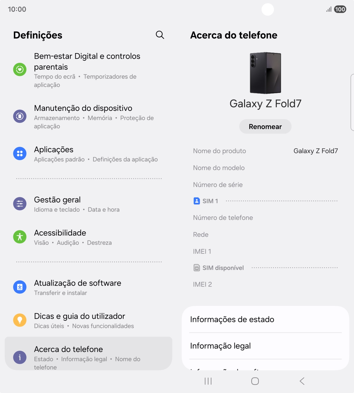 O código IMEI é mostrado no ecrã.