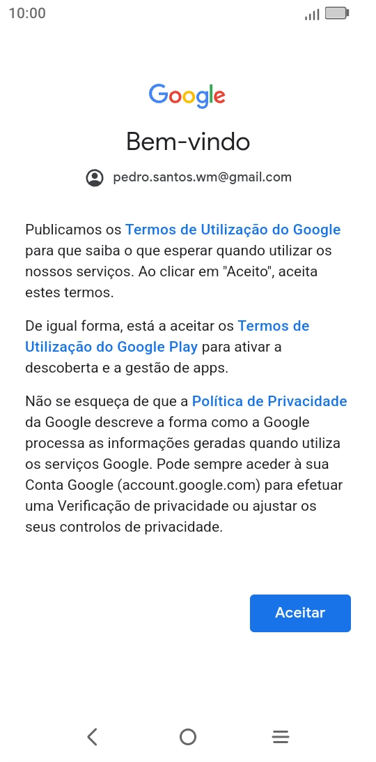Prima Aceitar e siga as indicações no ecrã para escolher as definições da conta Google.
