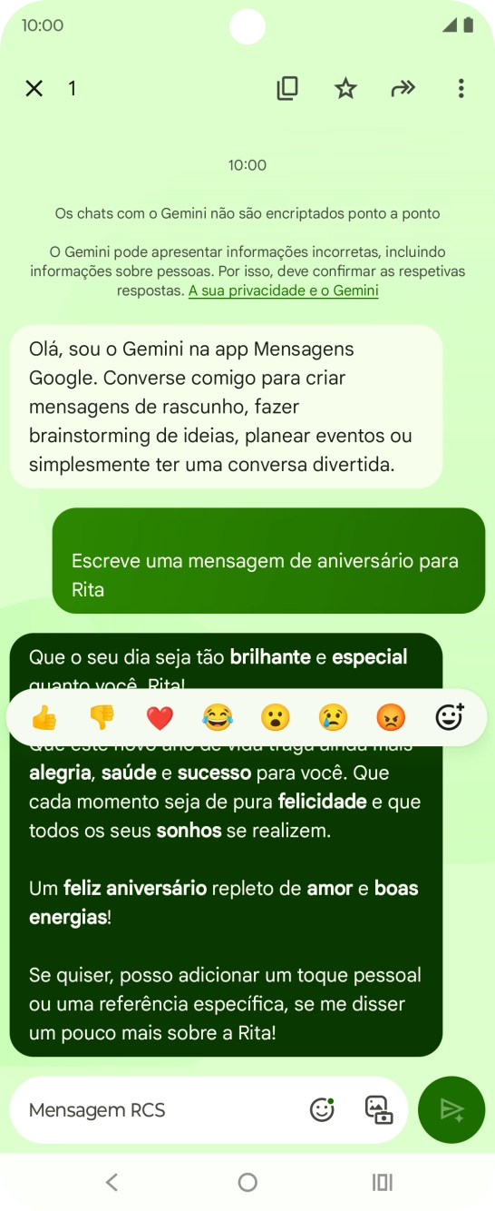 Mantenha premida por um momento a sugestão de texto da Gemini. Siga as indicações no ecrã  para utilizar a sugestão de texto.