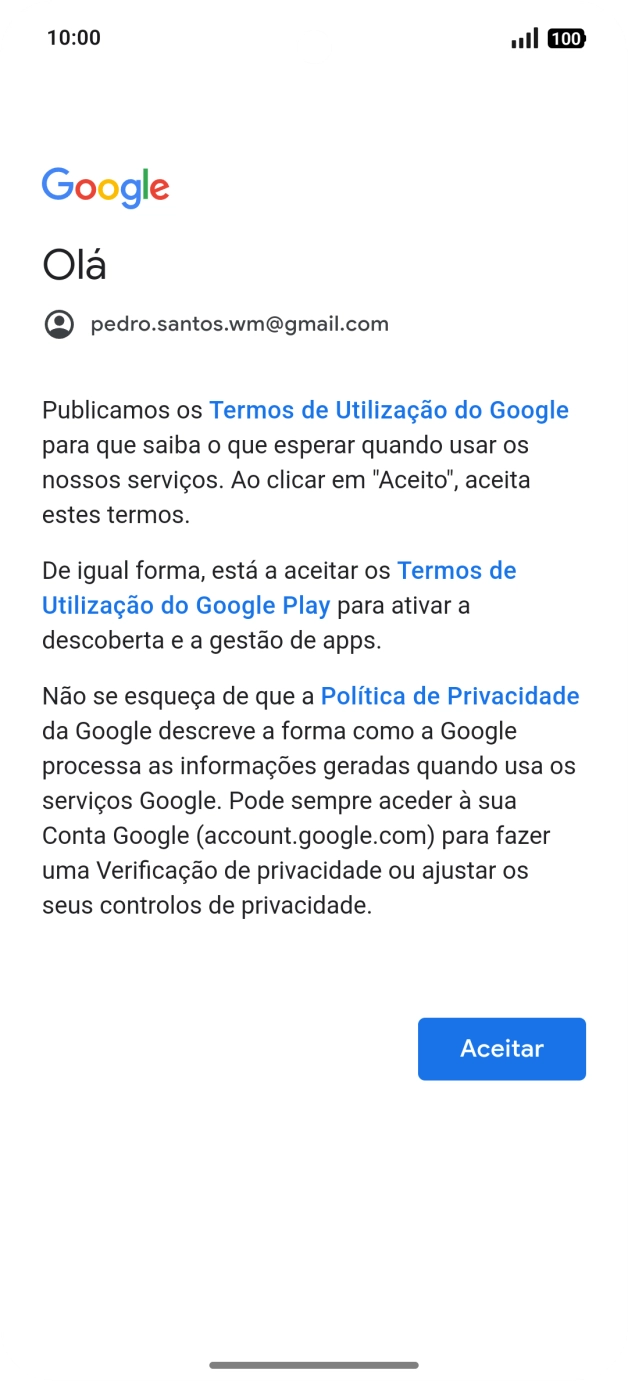 Prima Aceito e siga as indicações no ecrã para escolher as definições da conta Google.