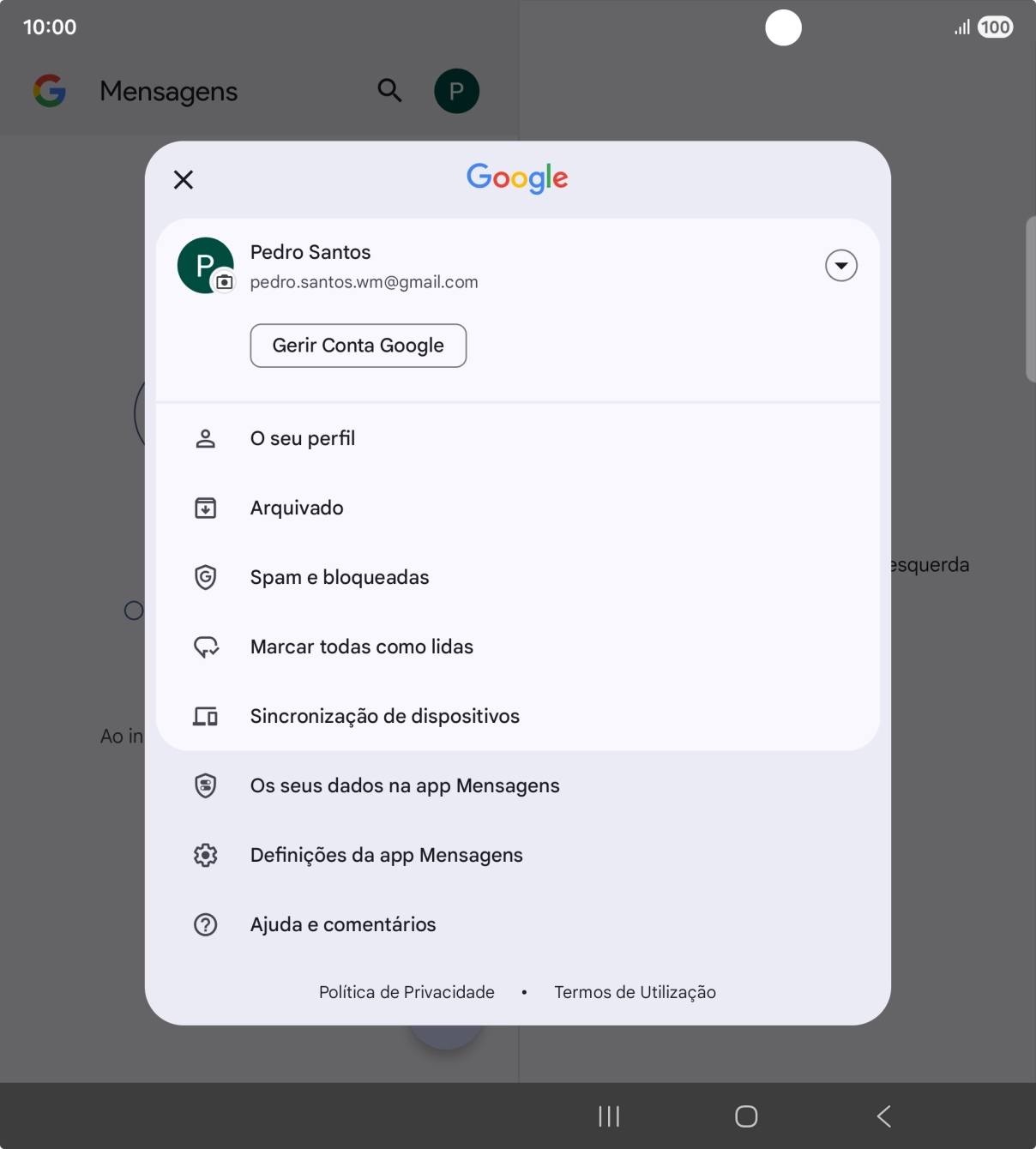 Prima Definições da app Mensagens.
