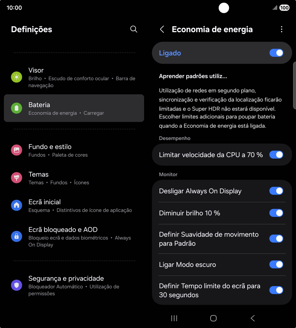 Prima os indicadores junto às definições pretendidas para as ativar ou desativar.